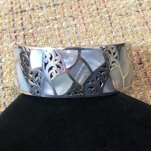 LOIS HILL Sterling Silver Mother of Pearl Mosaic Cut Out Cuff Bracelet Vintage